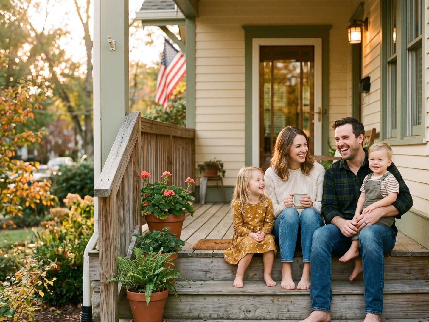 A family laughing together on the front steps of their home on an autumn evening