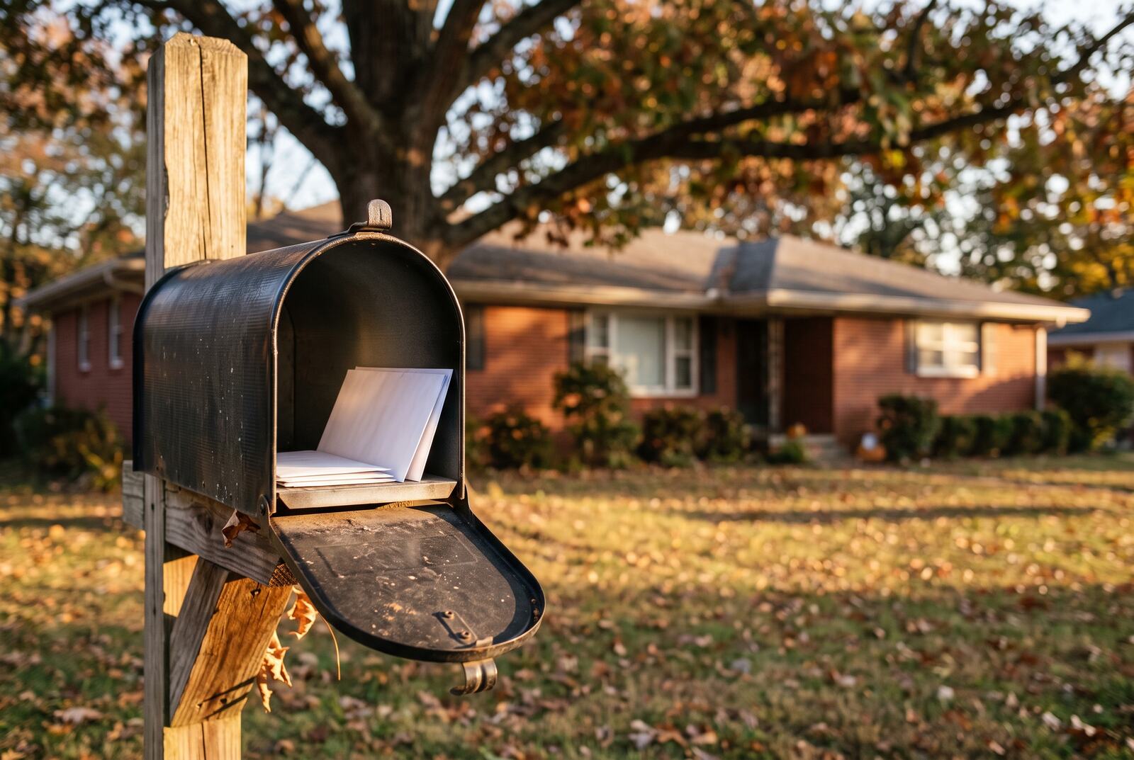 Envelopes in an open mailbox at the curb, with a brick ranch house behind and leaves on the lawn