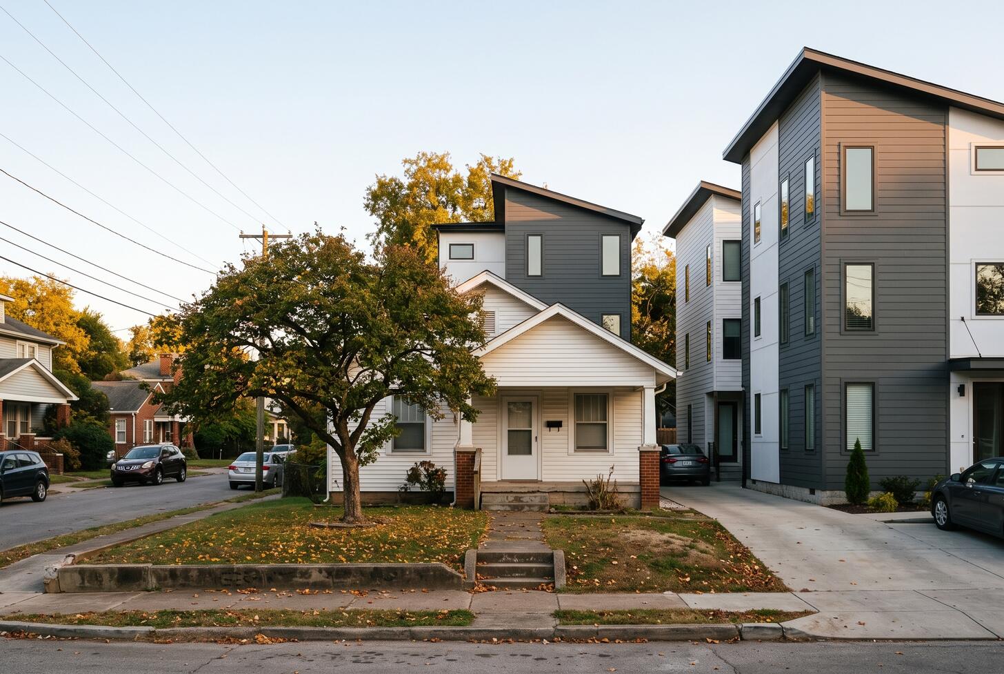 An older cottage beside two new tall, narrow houses on a Nashville street