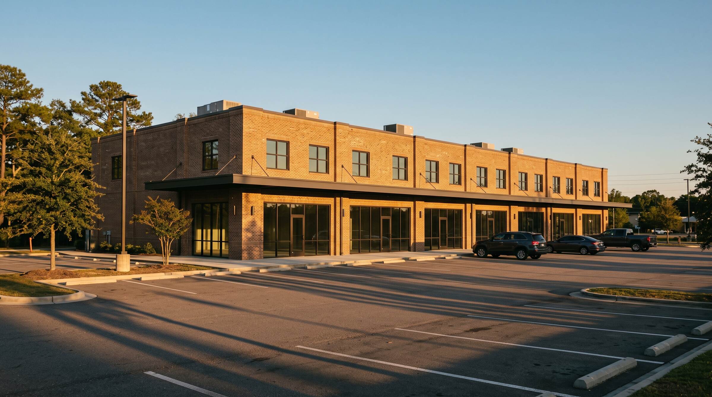 A low-rise Nashville office and retail building in late afternoon light