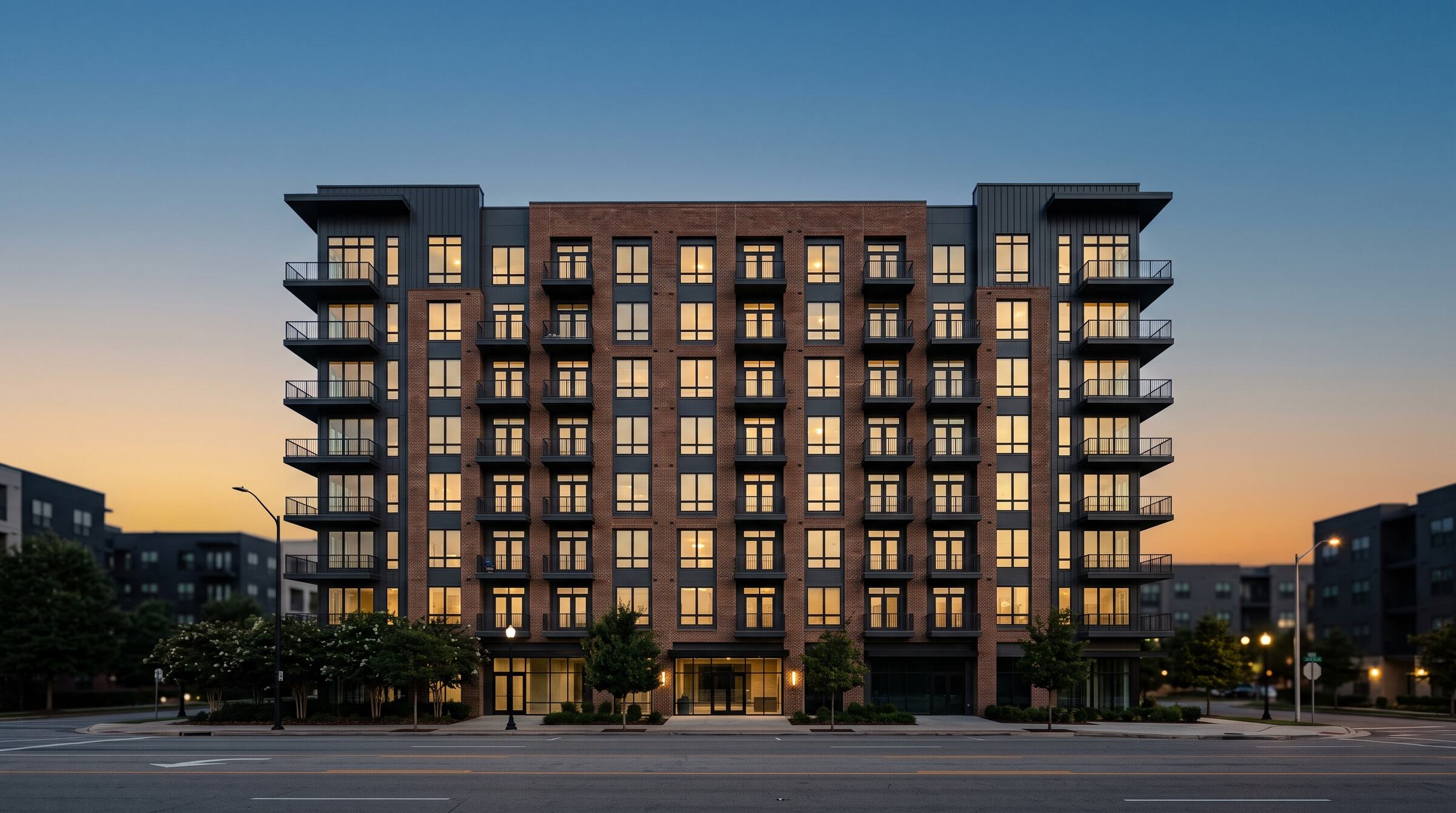 A Nashville condominium tower at dusk