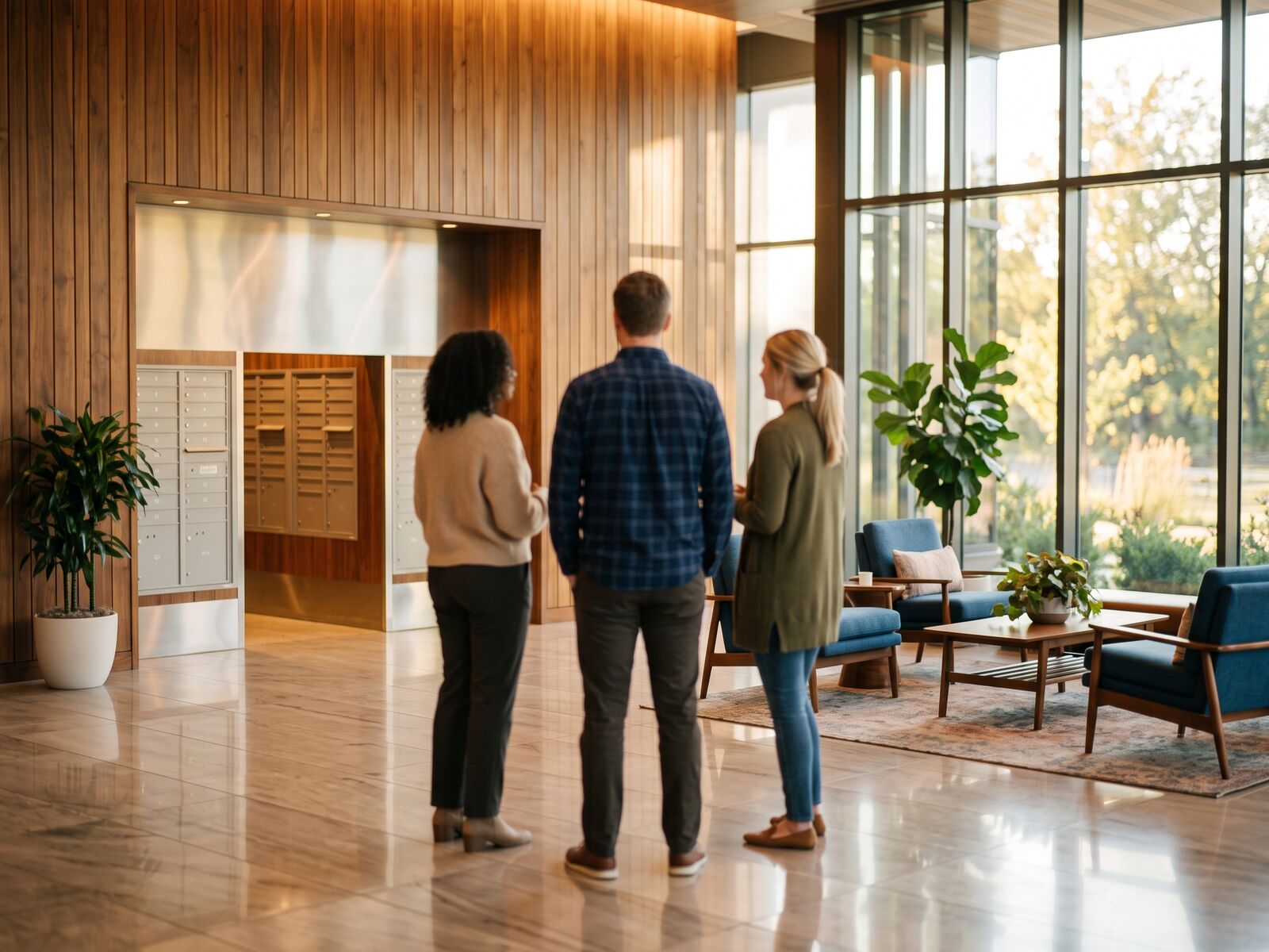 Neighbours talking in the lobby of a Nashville condominium building
